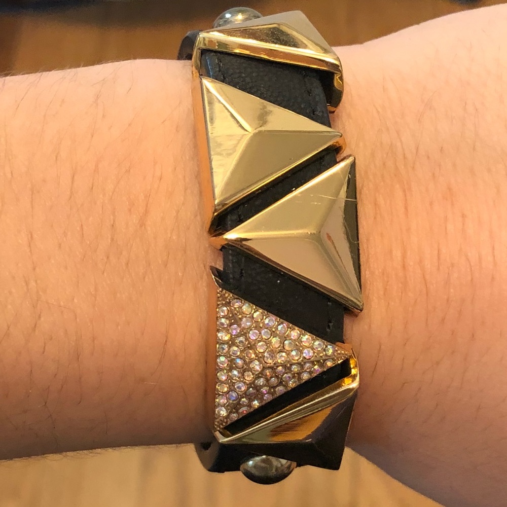 BCBG gold & rhinestone faux leather snap bracelet